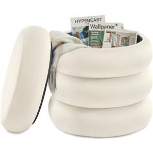 SONGMICS Sgabello Trucco, Pouf Contenitore Rotondo, Poggiapiedi Imbottito, Coperchio Rimovibile, Soggiorno Camera da Letto Ingresso, Facile da Montare, 43 x 47 cm, Velluto, Bianco Crema LOM018LH01