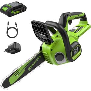 Greenworks 24V Motosega Senza Fili Brushless, 25cm Motosega Elettrica con Batteria 2Ah e Caricabatterie USB C 30W, Olio Automatico, Velocità Catena 7.8m/s