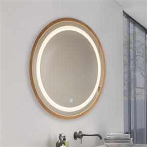 M Ledme - Specchio da bagno con luce 60x60cm, specchio rotondo in legno 15W, dimmerabile, 3 colori di luce, interruttore touch, vetro temperato HD, IP44, finitura legno