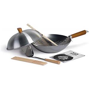 Ken Hom Set Wok 10 Pezzi Tradizionale Acciaio al Carbonio, 31cm, Classic, Padella Non a Induzione, Con Manico in Legno, Base Piatta, Non Lavabile in Lavastoviglie
