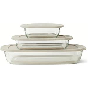 Amazon Basics Teglie da Forno in Vetro con Coperchi Senza BPA, Set di 6 Pezzi in Vetro Borosilicato, Lavabili in Lavastoviglie e Adatte al Forno, Grigio Lino