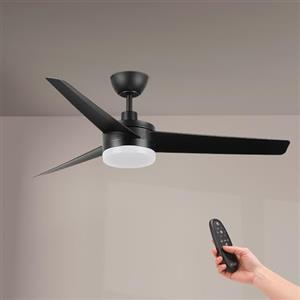 M mimotec - Ventilatore da soffitto LED Black Curve, telecomando, motore DC 40W+luce LED 18W, 6 velocità, silenzioso,3 pale, 132 cm, funzione estate-inverno, timer