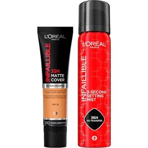L'Oreal Paris L'Oréal Paris Infaillible Fondotinta Liquido 32H Matte Cover 4% Niacinamide SPF 25 Colore 310 Warm Undertone + Spray Fissante 3-Second Setting Mist per Trucco Viso No-Transfer 75ml - 2 Flaconi