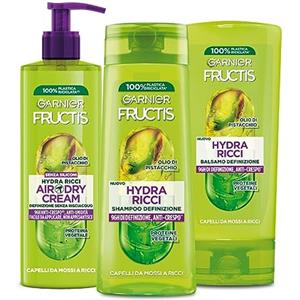 Garnier Fructis Routine Completa Idratante, Con Shampoo, Balsamo e Air Dry Cream, Per Capelli da Mossi a Ricci, Con Proteine Vegetali e Olio di Pistacchio, Hydra Ricci