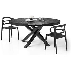 Mobili Fiver, Tavolo Allungabile Rotondo Emma, 120-160 cm, Nero Cemento con gambe Incrociate Nere, per 4-6 persone, Tavolo Cucina, Soggiorno, Made in Italy