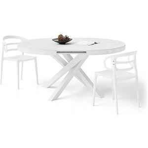 Mobili Fiver, Tavolo Allungabile Rotondo Emma, 120-160 cm, Bianco Cemento con gambe Incrociate Bianche, per 4-6 persone, Tavolo Cucina, Soggiorno, Made in Italy