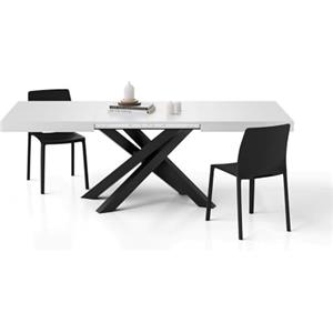 Mobili Fiver, Tavolo Allungabile Emma 140(220) x90 cm, Bianco Frassino con Gambe Incrociate Nere, per 6-10 persone, Tavolo Cucina, Soggiorno, Made in Italy