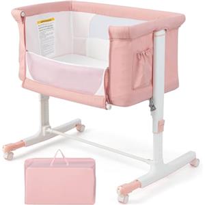 LIFEZEAL 3 in 1 Lettino con Materasso Laterale Regolabile in 5 livelli, Culla per Neonato da Viaggio Mobile su Ruote con Tasca e Borsa per Trasporto (rosa)