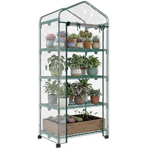 Outsunny Serra da Balcone a 4 Livelli con Porta Avvolgibile e 4 Rotelle, Serra per Orto con Struttura in Acciaio e Copertura PVC, per Orto Verdure Fiori Frutta, 69x50x165 cm, Trasparente