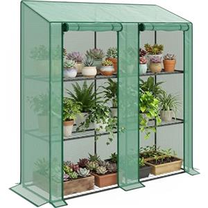 Outsunny Serra da Giardino con Copertura in PE e 6 Mensole a Rete, Serra Addossata da Balcone con 2 Porte Avvolgibili, 143x46x151cm, Verde