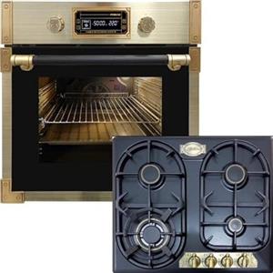 Kaiser Forno a pirolisi «EH 6427 AD+KG 6325 Em», retrò pirolisi da incasso, 73 l, vetro nero 60 cm+fornello a gas da incasso, 60 cm, impero, smaltato, nero, 3,8 kw WOK