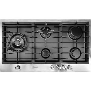 Gurari Piano cottura a gas 90 cm in acciaio inox/nero TY905VPGC + adattatore per caffè da incasso a gas con 5 fiamme - Bruciatore WOK 4,0 kW - Gas naturale e propano (FL.Gas) - Griglie massicce in