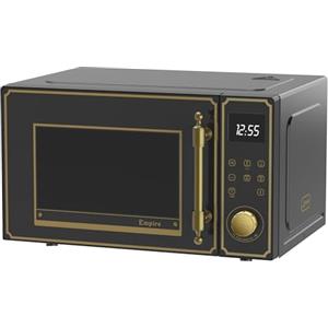 Kaiser Empire M 2530 Em - Forno a microonde retrò in nero, 25 l, 1200 W, aria calda 2200 W, funzionamento completo con manopola, frontale in vetro, maniglia in vero metallo bronzo, 25 funzioni