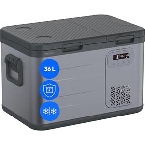 MEDION Borsa frigo a compressore portatile 36 L, doppia zona di raffreddamento, 12 V 24 V 230 V adattatore auto camion campeggio barca giardino festival, design in alluminio, MD370026