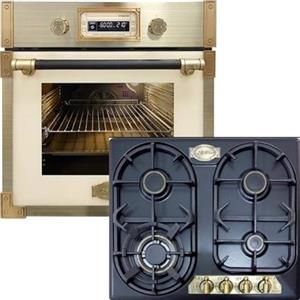 Kaiser Forno a pirolisi «EH 6427 ElfAD+KG 6325 Em», retrò pirolisi da incasso, 73 l, vetro color elfebe, 60 cm + fornello a gas da incasso retrò, 60 cm, impero, nero smaltato, 3,8 kw WOK