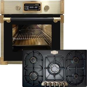 Kaiser Forno a pirolisi «EH 6427 AD+KG 9325 Em», retrò pirolisi forno da incasso 73L vetro nero 60 cm+fornello da incasso, nero emalato, 3,8 KW WOK, controllo gas, gas naturale, gas propano