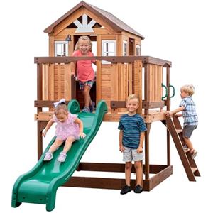 Backyard Discovery Echo Heights Casetta per bambini in legno con scivolo verde, cucina gioco, sabbiera e veranda | Casa da gioco per giardino/all'aperto in marrone | Casetta in Legno per Bambini