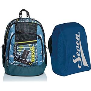 Seven Zaino Scuola ADVANCED URBAN ROCK, Blu Jeans, Doppio Scomparto + Coprizaino Antipioggia Impermeabile