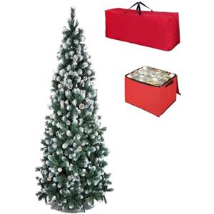 Totò Piccinni Albero di Natale Artificiale NOEL, Folto, Effetto Realistico, Rami a Gancio, Facile Montaggio, PVC, Ignifugo con Borsone (210 cm, Slim Punte Innevate e Pigne)