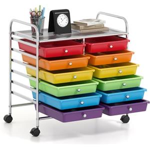 COSTWAY Carrello di Stoccaggio con 12 Cassetti, Carrello portaoggetti con 4 Ruote, Carrello Multiuso per Scuola Ufficio Cucina, 64 x 38 x 62 cm (12 cassetti Colorato)