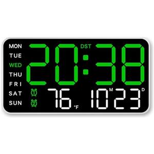 LVYXON Orologio da parete digitale a LED con sveglia, temperatura, visualizzazione della data e della settimana, attivazione vocale, luce diurna e interruttore °F/°C, alimentato tramite USB o a batteria, per