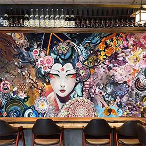 XLMING Decorazione murale pittura Carta da parati geisha giapponese tatuaggio ristorante giapponese sushi tatuaggio parete ukiyo-e carta da parati 3D fotomurali murale adesivo muro adesiva vi-200cm×140cm