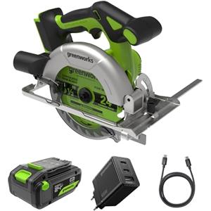 GreenWorks Sega circolare a batteria Greenworks 24 V senza spazzole da 165 mm, 5.000 giri/min, lama da 20 mm, profondità di taglio regolabile 45°/90°, luce LED, con batteria e caricabatteria CRG404
