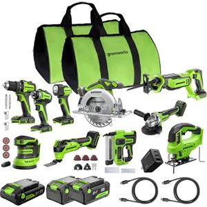 Greenworks Set di 10 utensili elettrici senza spazzole, 24 V, trapano avvitatore a percussione, sega circolare, sega da ricetta, smerigliatrice leggera multiuso, macchina per unghie
