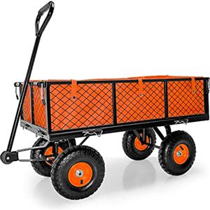 BOUDECH® Carrello da giardino porta attrezzi con rimorchio a spinta in metallo inossidabile, telone impermeabile e griglia - Carriola da giardino a 4 ruote (350Kg)