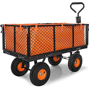 BOUDECH® Carrello da giardino porta attrezzi con rimorchio a spinta in metallo inossidabile, telone impermeabile e griglia - Carriola da giardino a 4 ruote (550Kg)