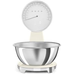 Smeg, Bilancia da Cucina Digitale e Analogica KSF01CRWW, Ciotola in Acciao Inox 1,8L Removibile, Quattro Unità di Misura g/ml e lb.oz/fl.oz, con Funzione Tara, Portata Massima 5kg, Crema