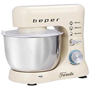 BEPER BP.200 Impastatrice Planetaria professionale 4,5L, Potenza 1000W, 8 Velocità e Funzione Pulse - Frusta, Paraschizzi e Gancio Inclusi, Bianco