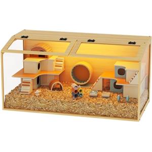 BingoPaw XL Gabbia per Criceti 100,7x50x50 cm in Legno e Vetro temperato Trasparente con Luce, Grande Gabbia per Piccoli Animali Domestici, Solo Casetta Nessun Giocattolo Interno o Accessorio