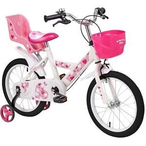 Baroni Toys Bicicletta Bambine Rosa con Design Sile Cuori con Ruote Tassellate, Porta Bambola e Rotelle Incluse, Bici Bambini da 4 a 7 Anni in Acciaio con Cestino, Rosa, Cuori, Misura 14