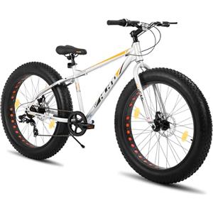HH HILAND HILAND Fat Bike 26 Pollici, Mountain Bike 7 Velocità con Doppio Freno a Disco, per Ragazzi e Adulti, Bici per Spiaggia e Neve, Argento