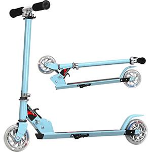 COSTWAY Monopattino Bambini, Monopattini con 2 Ruote Luci, Manubrio Regolabile in 3 Altezze, Freno Posteriore, Cavalletto e Pedana Larga, Portata 70 kg, Adatto ai Bambini 5-13 Anni, Azzurro (Azzurro)