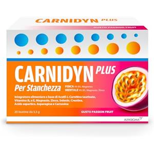 Carnidyn Plus Integratore Alimentare per Stanchezza Mentale e Fisica, 20 Bustine da 5g da Sciogliere in Acqua, Gusto Passion Fruit