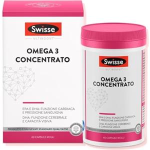 Swisse Omega 3 Concentrato 60 capsule molli 1800 mg di Olio di Pesce,648mg EPA e 432mg DHA per porzione, Certificato 5* IFOS, Capsule inodore rivestite alla vaniglia
