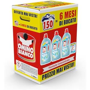 Omino Bianco - Detersivo Lavatrice Liquido, 150 Lavaggi, Rispetta Colori e Tessuti, Fresco Profumo con Essenza di Muschio Bianco, 2000 ml x 3 + Campione di Additivo Lavatrice Igienizzante Idrocaps