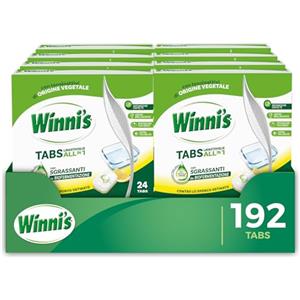 Winni's - Pastiglie per Lavastoviglie, 96 Tabs, Detersivo Multiazione Detergente, Sgrassante, Antiodore e Brillantante, Fragranza di Limone, con Materie Prime di Origine Vegetale, Confezione da 4