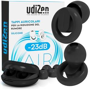 Udivita Tappi per Orecchie Antirumore per Viaggiare Dormire Studiare UdiZen Air -23dB Insonorizzanti - 1 Paio Inserti Auricolari Ergonomici Riutilizzabili Riduzione Rumore SNR 23dB Colore Nero con Custodia