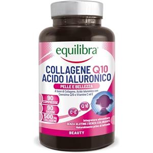 Equilibra Integratori Alimentari, Collagene Q10 Acido Ialuronico, Benessere e Bellezza della Pelle, a Base di Collagene Idrolizzato, Acido Ialuronico, Coenzima Q10, Vitamine C ed E, 90 Compresse