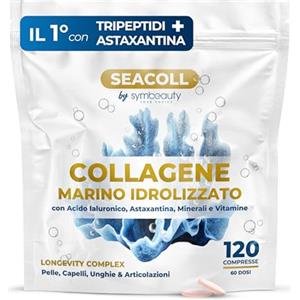 SYMBEAUTY Collagene Marino con Acido Ialuronico [120 cpr x 60gg] Astaxantina Zinco Biotina Vitamina C | Collagene Marino Idrolizzato Tripeptidi Capelli, Pelle, Unghie - Longevity Complex SEACOLL
