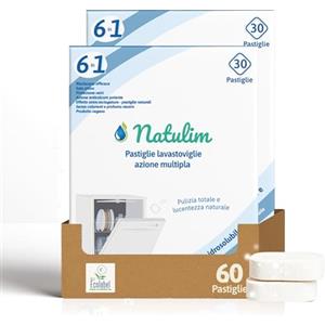 NATULIM - Pastiglie Lavastoviglie Ecologiche Naturali - Capsule Idrosolubili per Lavaggio Efficace e Delicato - 60 Pastiglie