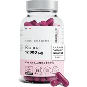 BEYOND ELEMENTS Biotina 12.000 µg Alto Dosaggio con Cheratina, Selenio e Zinco - Integratore Alimentare per Crescita di Capelli, Pelle e Unghie - Trattamento 3 Mesi - 100 Capsule Vegetali - Beyond Elements