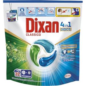 Dixan DISCS 4in1 Classico Detersivo Lavatrice (32 Lavaggi), Capsule lavatrice per una pulizia profonda del bucato e freschezza igienica per la lavatrice, Rimuove le macchie da 20°C