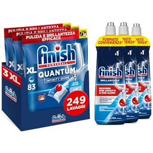 Finish Quantum Infinity Shine Pastiglie Lavastoviglie, 249 Capsule, per una Pulizia Profonda e Stoviglie Brillanti, e 3 Confezioni di Brillantante 800ml, Additivo per Stoviglie Splendenti e Asciutte