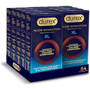 Durex Nude Sensation XL, 54 preservativi uomo in Nitrile, senza lattice di gomma naturale, ultra sottili ed extra lubrificati, vestibilità ampia, 9 confezioni da 6 preservativi