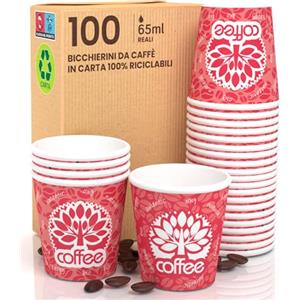 Eurocali 100 Bicchierini in Carta per caffè 65ml Red Forest Bicchieri Ecologici Biodegradabili Monouso Piccoli Asporto Bevande Calde