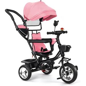 HUOLE Triciclo bambini fino 25 kg, Passeggino con Maniglione regolabile, Bici, Sedile girevole Fronte Mamma e Strada, Cappottina pieghevole, Ruota libera,4 in 1 (Rosa)